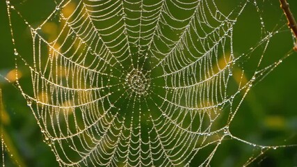 Close up of dew covered spider web with sunlight in natural environment