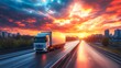 © Hanna - Truck driving on a highway during sunset with a colorful sky in the background