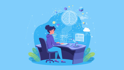 Artificial intelligence and web development concept. Woman programmer coding at a computer with a digital brain. Machine learning, data science, software engineering, future tech.