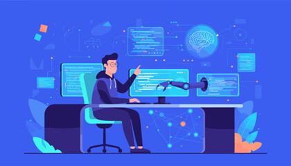 AI-powered web development concept. Programmer coding with a robot assistant. Man and bot working together. Artificial intelligence in software. Future technology & automation.