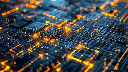 Futuristic Circuit Board Animation with Glowing Signals, Represents Modern Technology