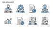 © Jake - Risk management business concept icon set with team leadership, strategy, document review, process optimization, data growth, and collaboration symbols for corporate planning and analysis