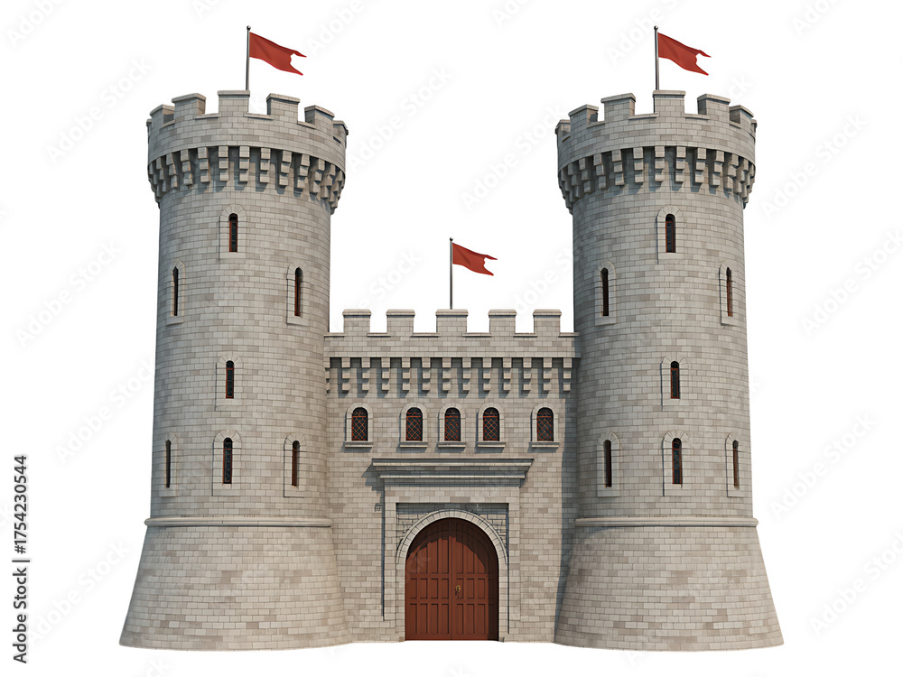 Majestic medieval stone castle with two imposing towers and red flags ...