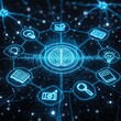 © Naima - AI brain and knowledge icons glowing in holographic blue light, futuristic neural network visualization, dark background