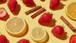 © fivan - Flat lay of strawberries, citrus slices, and cinnamon sticks, pastel yellow backdrop