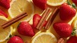© fivan - Flat lay of strawberries, citrus slices, and cinnamon sticks, pastel yellow backdrop