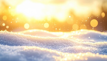Wall Mural - Sparkling snowflakes glisten under a warm sunset, creating a serene winter landscape with bokeh effects