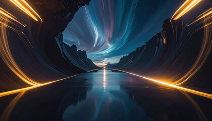Wall Mural - Stunning view of a surreal canyon at dusk, with vibrant light trails reflecting on calm water