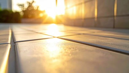 Wall Mural - Sunlight reflecting off tiled surface during sunset, creating a serene atmosphere in a peaceful outdoor setting