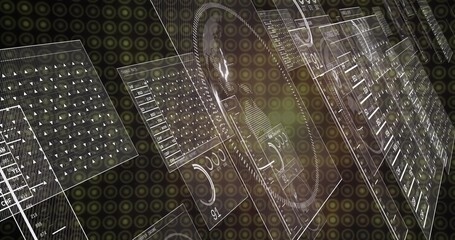 Wall Mural - Displaying UI panels floating in 3D space, with tabular data, gauges, sliders and circuit traces