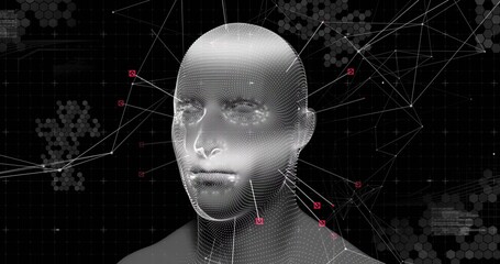 Wall Mural - Rendering 3D wireframe head in dark hexagonal-grid interface, linking white lines to pink nodes
