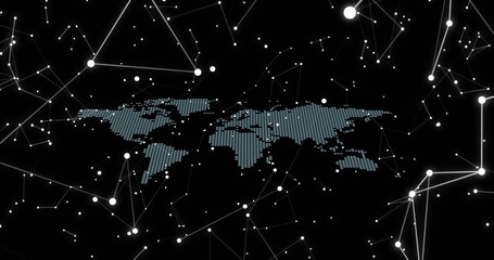 Wall Mural - Displaying dotted cyan world map linking white glowing nodes and lines on digital network display