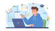 © Jhen - A young man in a blue hoodie is taking an online exam on his laptop, with icons representing education, assessment, and success floating around him, symbolizing the digital learning experience and