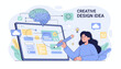 © Jhen - Creative Design Idea: A woman designer uses a large pencil to sketch an interface on a tablet, symbolizing innovation and brainstorming, with a brain graphic and cloud icons representing digital