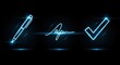 © Naima - Digital holographic document signing icons — pen, signature, and approval check — glowing light-blue on black background