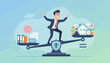 © Cynthia - Concept of work-life balance and equilibrium, represented by a businessman on a scale, balancing professional life elements like brain, laptop, and documents against personal life elements such as