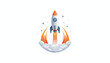 © Cynthia - 3D rocket launch vector for business startup. Space shuttle flying up. Symbol of success, project boost, innovation, marketing, and technology development. Spaceship icon.