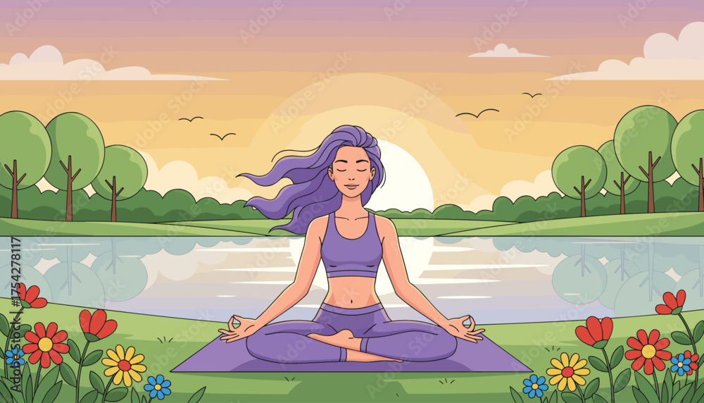 Serene woman with flowing purple hair meditating in lotus pose on a yoga mat by a calm lake at sunrise, surrounded by vibrant flowers and lush green trees, symbolizing peace and mindfulness.