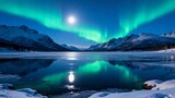 Radiant aurora arcs over a frozen lake with moon reflection, snowy rocks in the foreground, alpine mountains and dark forest in the background, concept of polar wilderness serenity