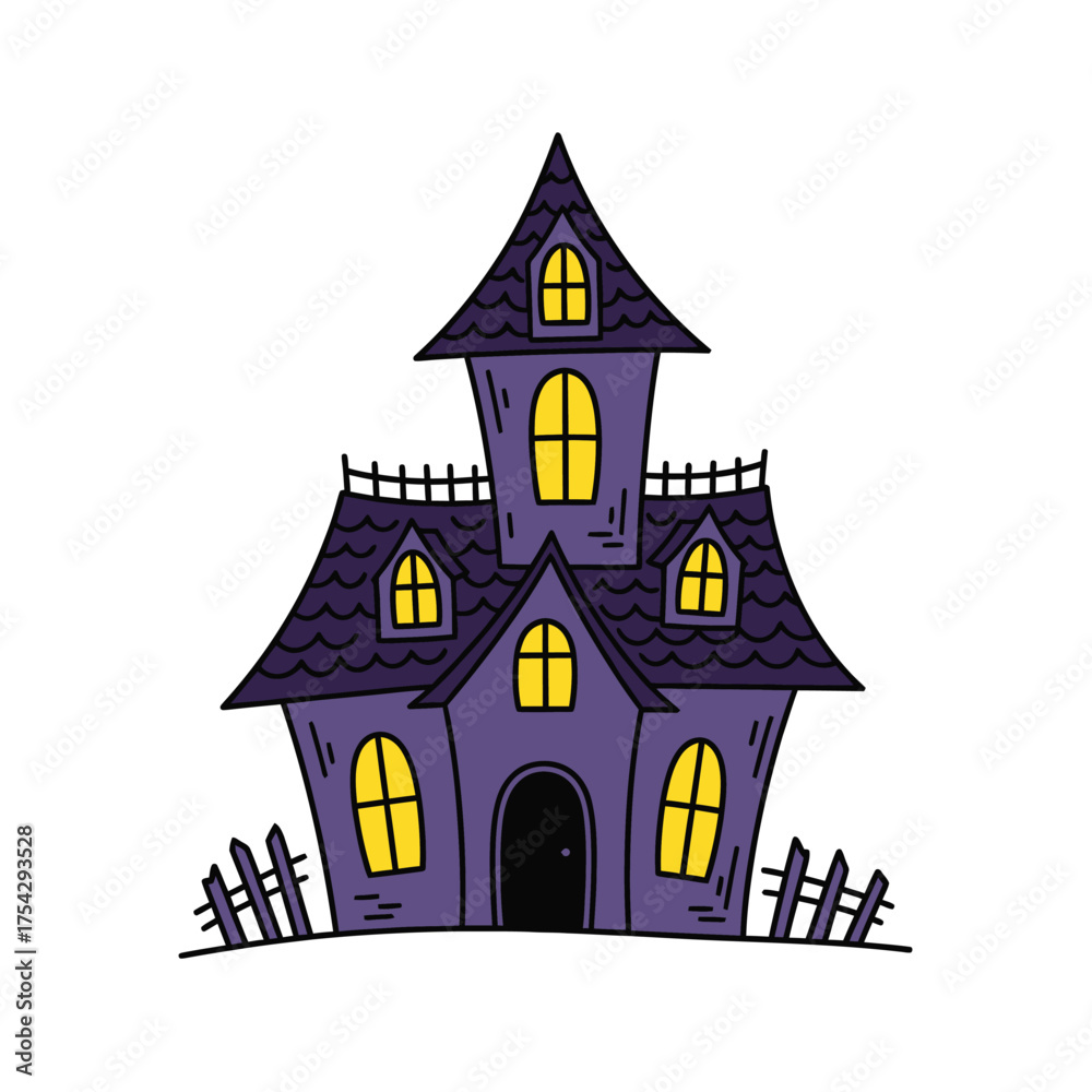 Spooky Purple Haunted House Cartoon Illustration with Yellow Windows and Fence