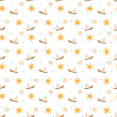 Minimal beach seamless pattern with sailboat, sun, flip flops, blue dots for textiles