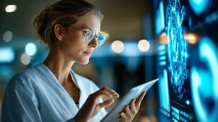 Young Caucasian Female Industrial IoT Engineer Using Digital Dashboard on 65-Inch Wall Display to Monitor Real-Time Production Data in Smart Automotive Manufacturing Plant. Technol