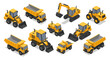 © Santiago - Isometric construction vehicles set featuring dump trucks and excavators