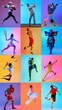 © Lustre Art Group  - Colorful multi-sport athlete collage with dynamic poses and neon lighting. Concept of diversity in professional athletics, physical energy, teamwork for editorial, fitness, and advertising projects.