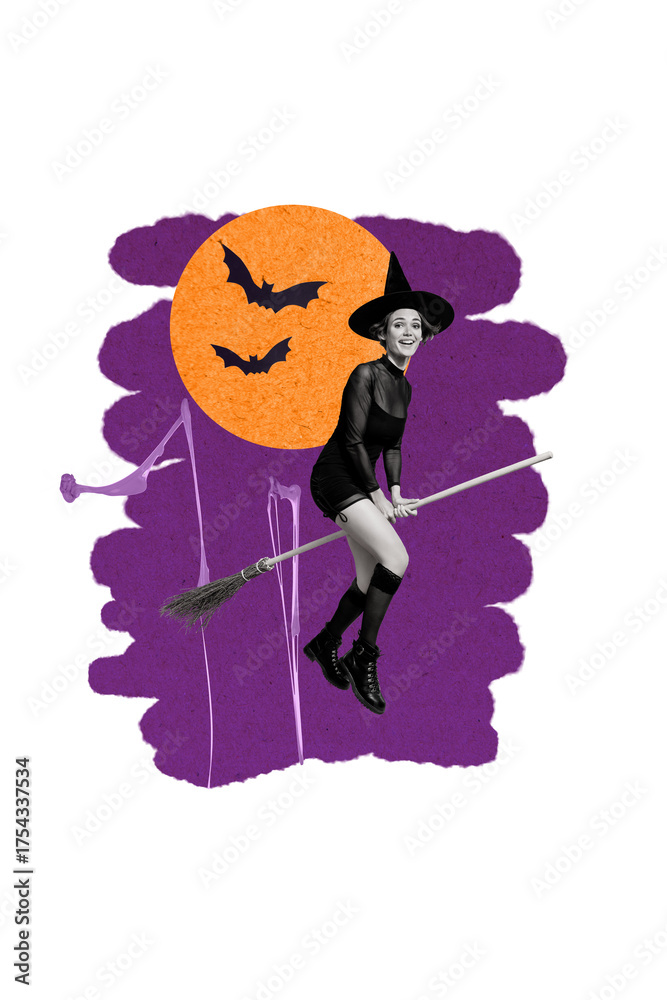 Witch Riding A Bat Vertical photo collage of happy witch girl ride broom late night flight ...
