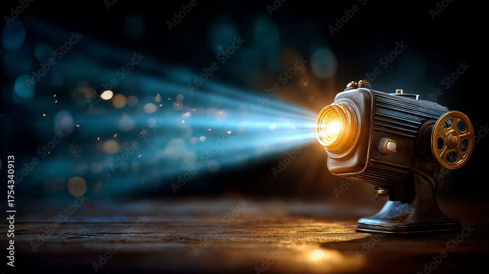 Film projector casting light beam across dark room, dust motes floating ...