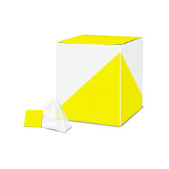Wall Mural - White empty pyramid tea bag with string and paper label tag in front of blank square paperboard box. Realistic 3d vector mockup. Triangle teabag package. Easy editable mock-up. Template for design