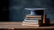 © Anastasiia - Graduation cap with tassel resting on top of a stack of books on a wooden table. Concept Graduation cap with tassel on a stack of books, Wooden table study setup with education symbolism