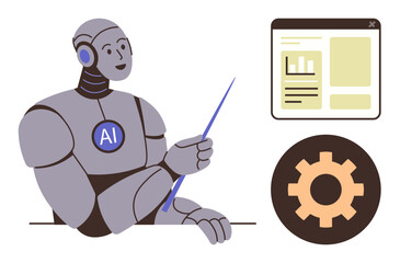 Wall Mural - AI-powered humanoid presenting data insights with a pointing tool, graph interface, and gear icon. Ideal for technology, automation, education, data analysis, AI tools, software and innovation