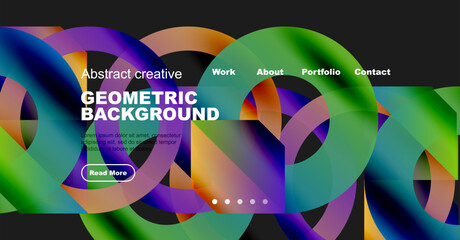 Wall Mural - Vibrant abstract geometric background. Website header design features colorful shapes, text, navigation menu, button. Modern style.