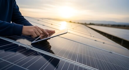 Solar Panel Inspection Technician Using Tablet on Array at Sunset Renewable Energy Power