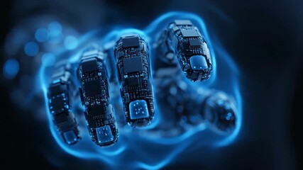 A robotic hand with glowing blue energy. Close-up of a futuristic cyborg limb with a digital data pulse. Artificial intelligence and future technology concept