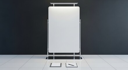 Sleek Blank Vertical Advertising Display Stand with Stationery on Tiled Floor, Dark Background.