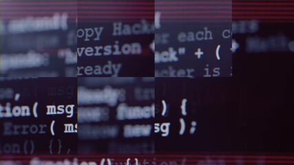 Wall Mural - Close up of computer screen with blue programming code, glitch distortion and digital noise, futuristic hacker background, system error, data corruption and cybersecurity concept. Software hack