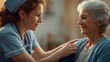 © Future Vision - Placing caring hand nurse adjusting patient cardigan in care home, with cap and stethoscope