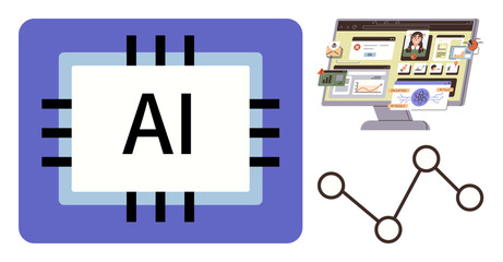 Wall Mural - AI chip with neural lines, desktop displaying data and analytics visuals, and a network diagram. Ideal for technology, automation, neural networks, data visualization, artificial intelligence
