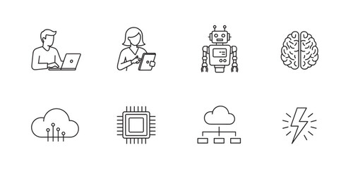 Minimalistic line art depicting a male and female working on technology highlighted by icons of a robot, brain, cloud, microchip, network, and lightning bolt.