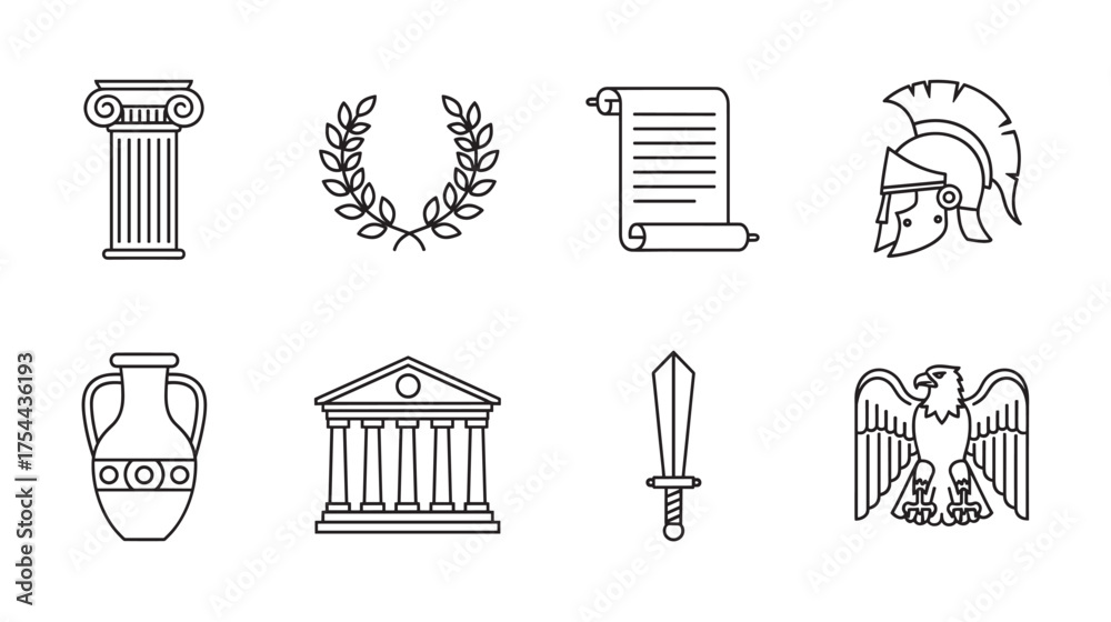 Roman Outline Vector Black outline icons of ancient greek and roman symbols including a ...