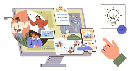 Computer screen displays teamwork visuals, charts, and communication tools. Ideal for productivity, organization, teamwork, planning, innovation online education digital workplace. Simple flat