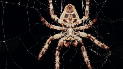 Close up of a spider sitting in its web, showing intricate details of its body and fine silk threads