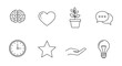 © Mr. Stocker - Black outline icons representing a brain, heart, potted plant, speech bubbles, clock, star, hand, and light bulb, arranged in two rows for conceptual themes.