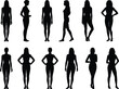 © Deep Mind Creations - Silhouette collection of diverse female body shapes, elegant women standing in various poses, black outline vector illustration on white background, fashion design reference