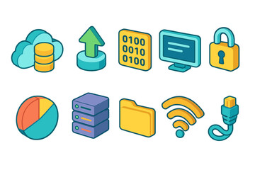 Wall Mural - Technology, networking 3d icon set. Digital, computing, connectivity 3d collection
