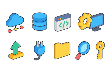 Wall Mural - Technology 3d icon set. Cloud computing, data management, and development icons