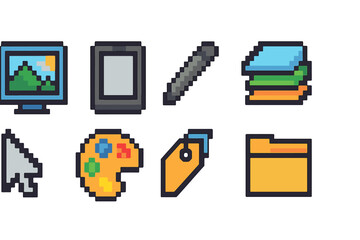 Wall Mural - Digital tools pixel icon set. Technology, office work icons in pixel style collection
