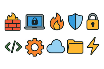 Wall Mural - Cybersecurity, technology flat icon set. Firewalls, encryption, secure network icons.